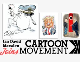 Featured image of Ian David Marsden joining Cartoon Movement, showcasing editorial cartoons including Trump and Musk in satirical settings.