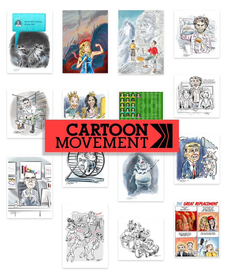 Collection of editorial cartoons by Ian David Marsden on Cartoon Movement, showcasing works on political satire, cultural commentary, and humor.