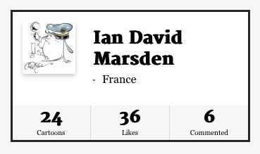 Ian David Marsden’s Cartoon Movement profile with 24 editorial cartoons, 36 likes, and 6 comments, showcasing his work as a cartoonist and illustrator.