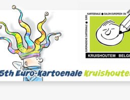 Featured image for the 25th Euro-kartoenale Kruishoutem blog post, showcasing a colorful jester’s hat illustration and the European Cartoon Center logo.”