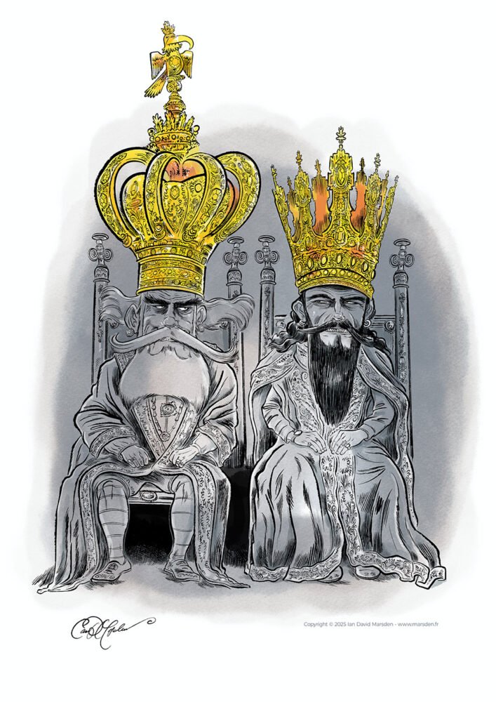 Cartoon of two regal figures with oversized, ornate crowns, highlighting themes of greed and one-upmanship, created by Ian David Marsden for the European Cartoon Center.