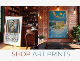 Promotional image showcasing Modicum Editions art prints, featuring a vintage Montpellier travel poster and a satirical museum illustration, inviting visitors to shop unique hand-drawn prints.