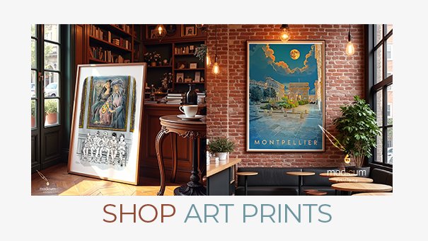 Promotional image showcasing Modicum Editions art prints, featuring a vintage Montpellier travel poster and a satirical museum illustration, inviting visitors to shop unique hand-drawn prints.