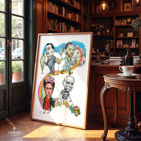 Whimsical caricature of Salvador Dalí, Vincent van Gogh, Frida Kahlo, and Pablo Picasso by Ian David Marsden. A playful homage to legendary artists set in Provence, blending humor and art history.