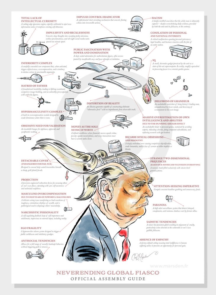 Anti-Trump resistance poster illustrating the psychological components behind Donald Trump’s actions and beliefs, advocating for democracy, justice, and resistance. Political satire by Ian David Marsden.