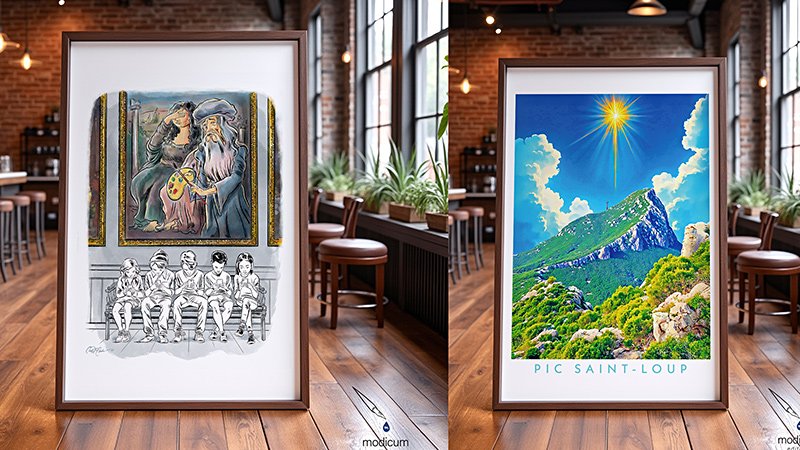 High-quality hand-drawn art prints by Ian David Marsden from Modicum Editions, showcased in a stylish café setting, highlighting the vibrant colors and detailed illustrations.”