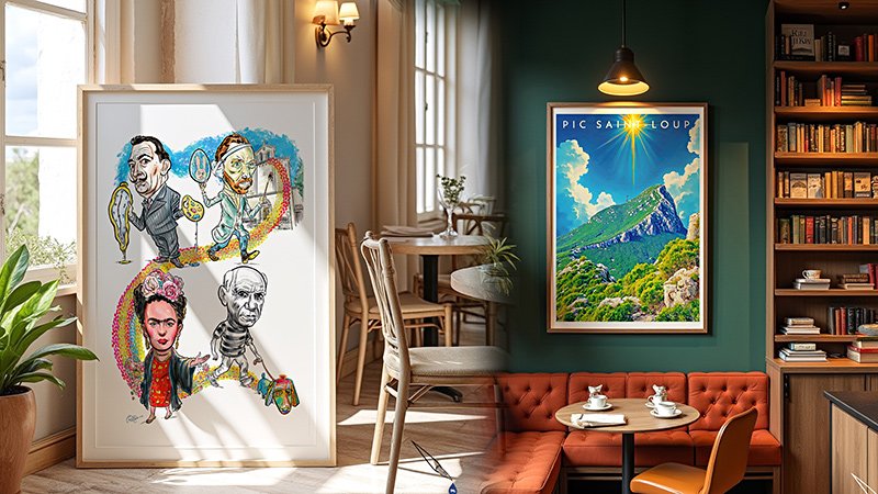 Hand-drawn illustrations by Ian David Marsden, featured in contemporary interior decor, illustrating the artistic versatility of Modicum Editions’ exclusive art prints.