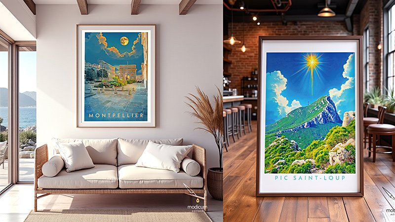 Elegant and vibrant art posters by Ian David Marsden from Modicum Editions, beautifully framed and displayed in a modern living room, showcasing the perfect blend of art and interior design.