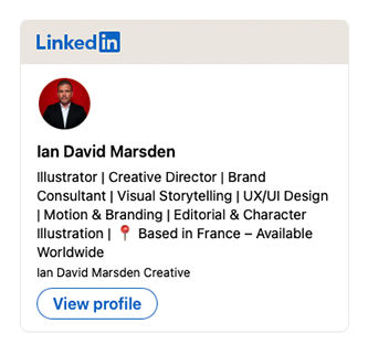 LinkedIn vignette card featuring Ian David Marsden, Illustrator and Creative Director, highlighting expertise in cartoons,