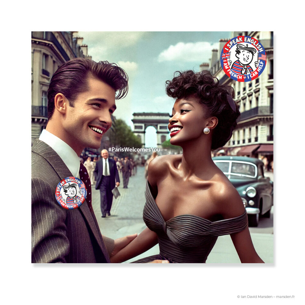 Smiling couple near the Arc de Triomphe wearing “I Speak English” badges. Retro-style hospitality illustration by Ian David Marsden.