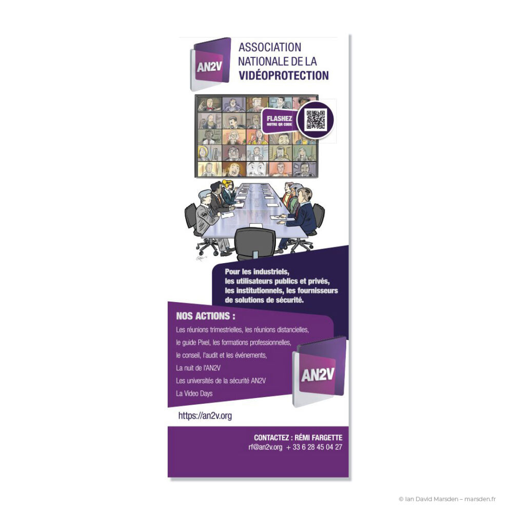 Illustration d’une réunion hybride sur le kakémono AN2V, combinant visioconférence et table ronde en présentiel