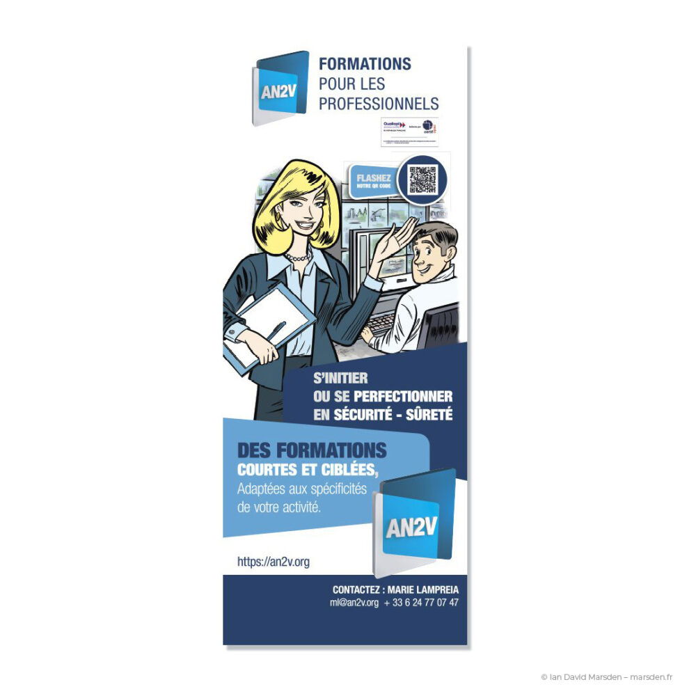 Illustration d’une formatrice et d’un technicien sur le kakémono AN2V dédié aux formations en sécurité-sûreté