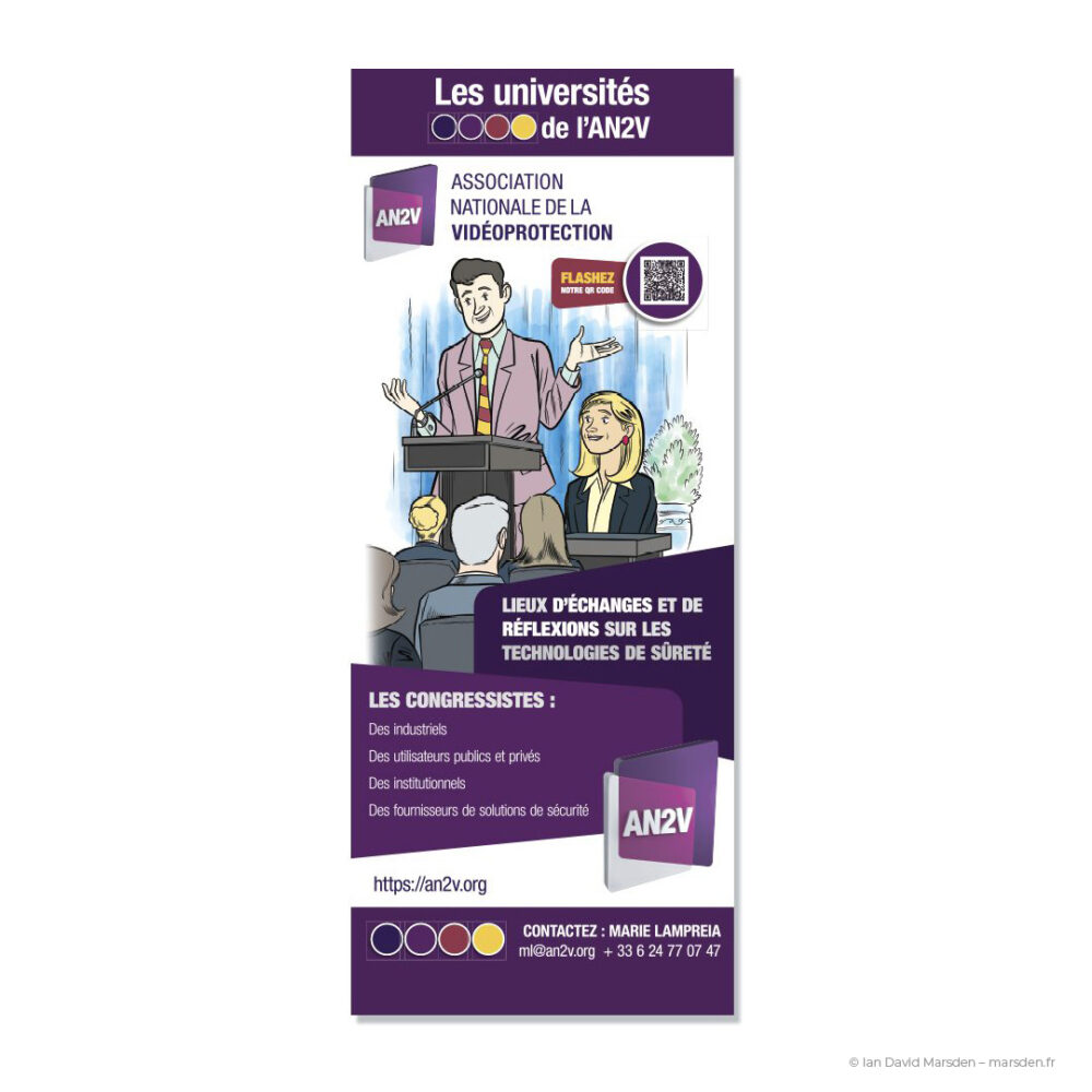 Illustration d’un conférencier et modératrice sur le kakémono AN2V consacré aux universités de la vidéoprotection