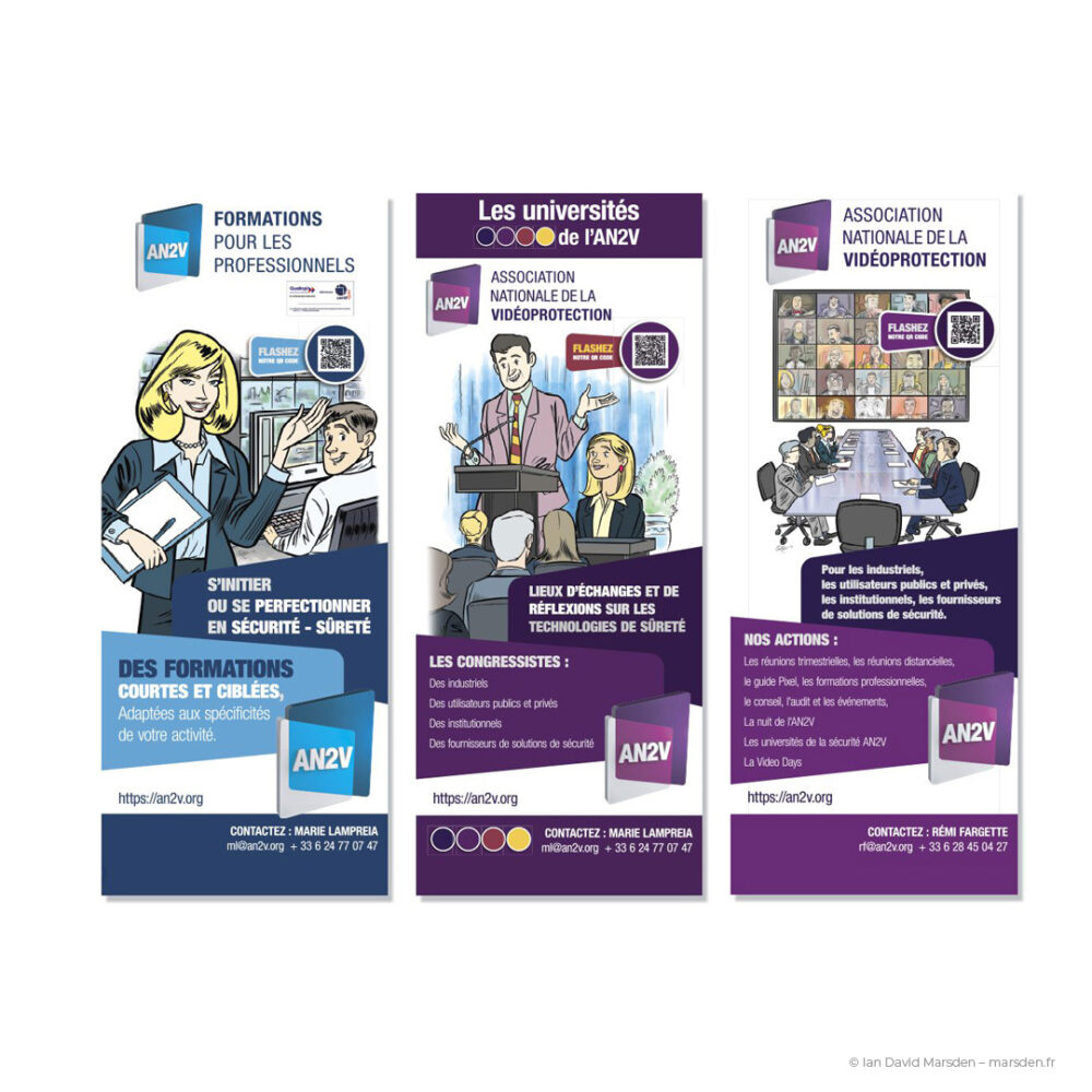 Vue d’ensemble des trois kakémonos AN2V illustrés : formation, universités et réunions stratégiques