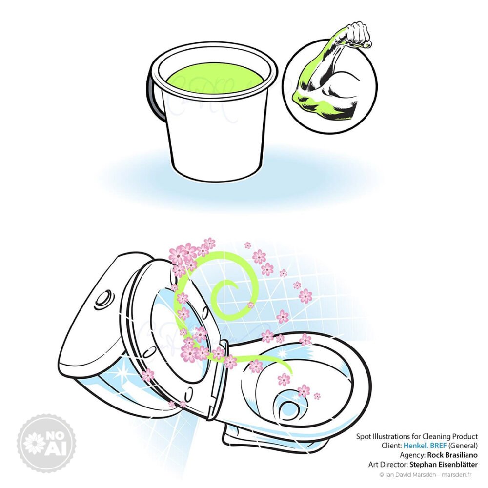 Commercial vector illustration showing a green bucket solution accompanied by a strong arm symbol, followed by a toilet scene with floral scent visuals. Created for Henkel via Rock Brasiliano to convey cleaning power and fragrance release.