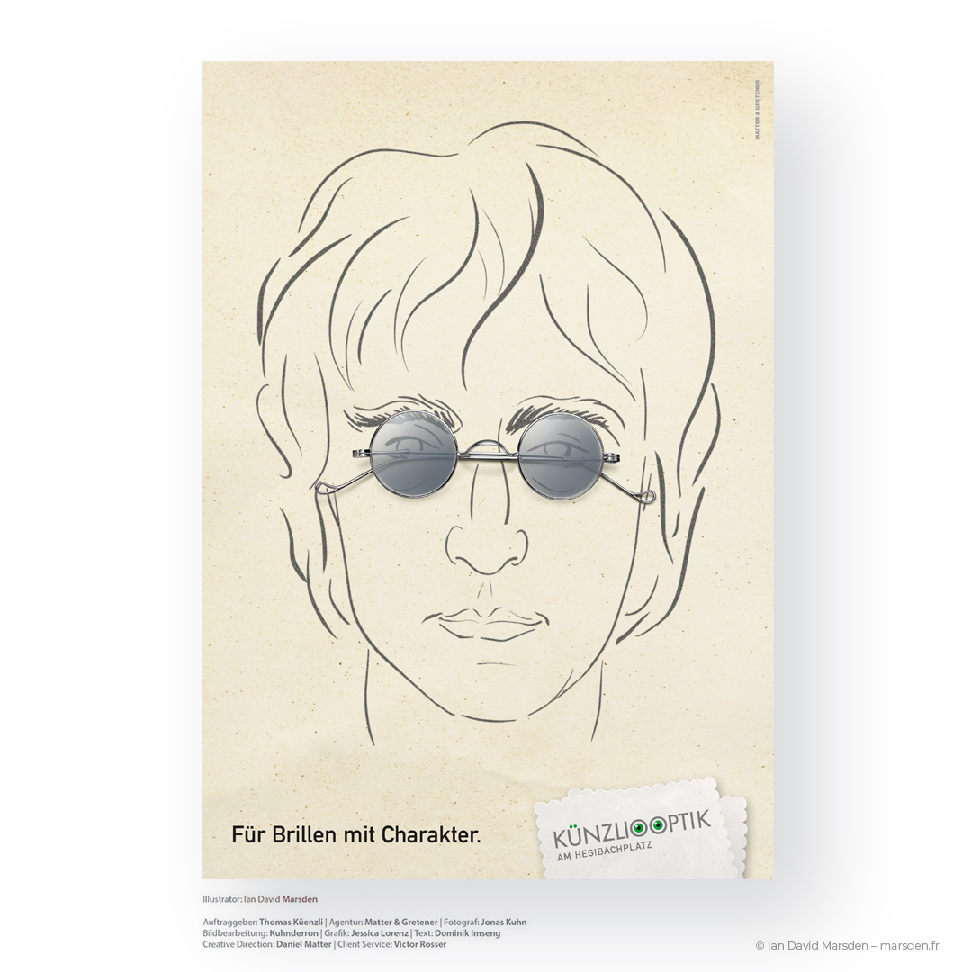 Simplified illustrated portrait of a blond man with glasses, designed for a Swiss eyewear advertising campaign.