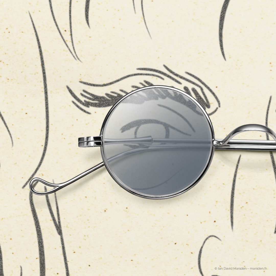 Illustrated character with glasses added through photography, used in Künzli Optik Zurich campaign.