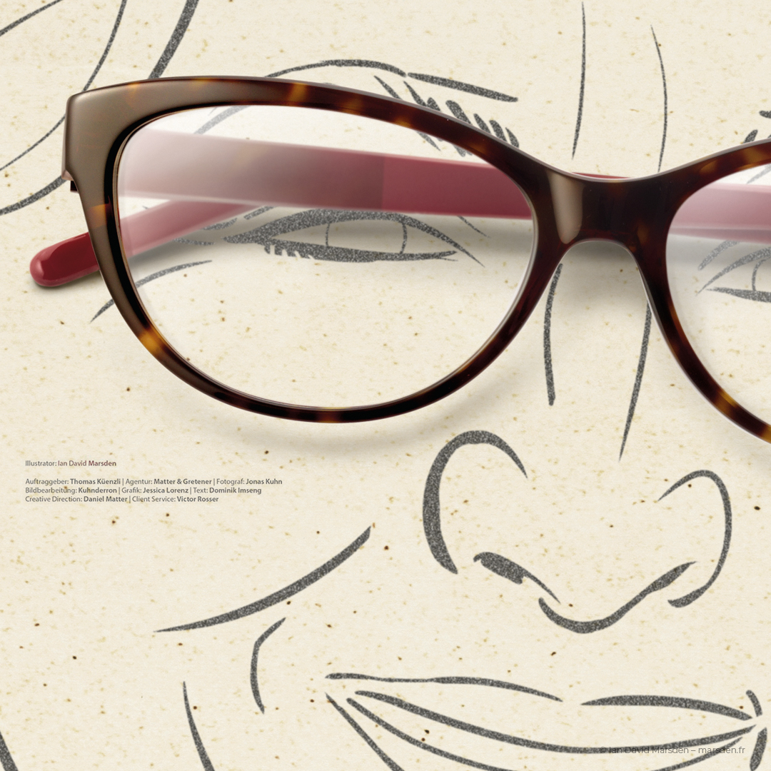 Advertising image with illustrated face and product photography of eyeglasses for Künzli Optik Zurich.