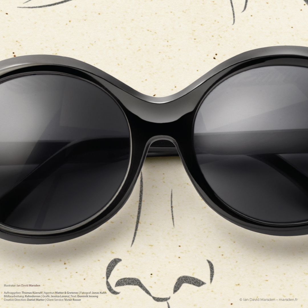 Real eyeglasses overlaid on a minimalist illustrated female face in an ad for Künzli Optik.