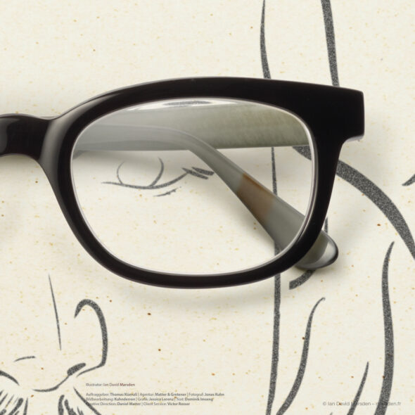 Close-up of an illustrated male portrait wearing real glasses, for Künzli Optik Zurich.