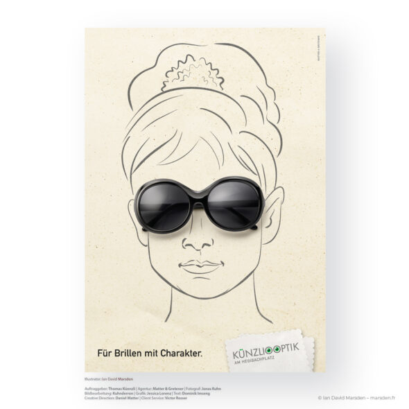 Minimalist female portrait illustration featuring real glasses, part of Künzli Optik ad series by Ian Marsden.
