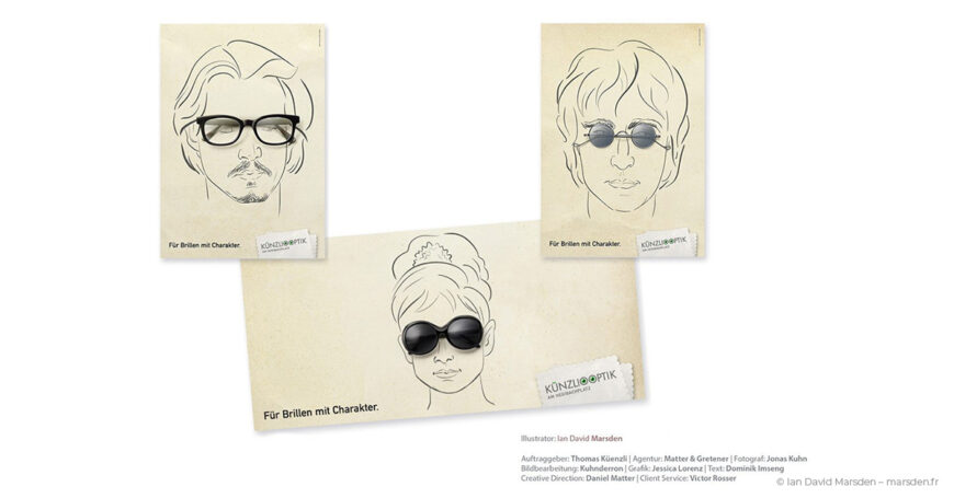 Montage of illustrated character heads used in a hybrid photo/illustration concept for glasses advertising.