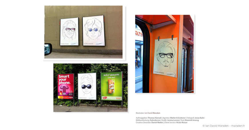 Illustrated faces with real glasses featured in Zurich public ads and tram posters for Künzli Optik.