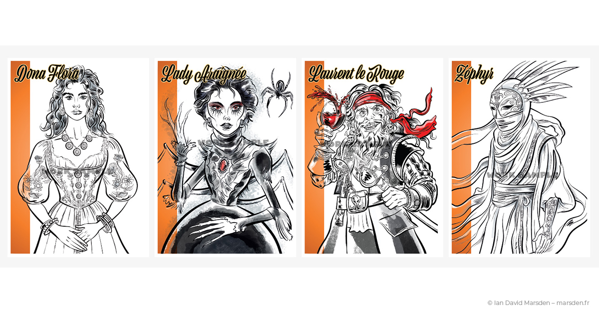 Character designs showing stylized illustrations of board game figures.