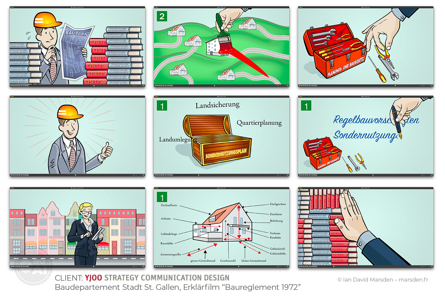Explainer animation storyboard with legal metaphors and building regulation visuals for YJOO and City of St. Gallen