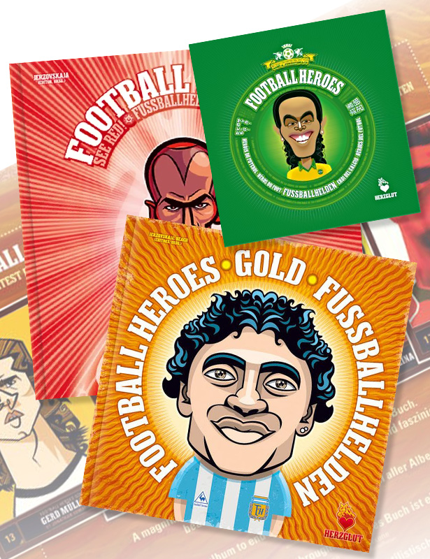 Illustrated covers for Football Heroes See Red and Gold featuring bold football graphics and team portraits