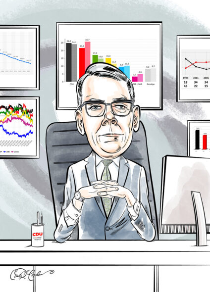Bored bureaucrat with charts at office desk – cartoon by Ian David Marsden.