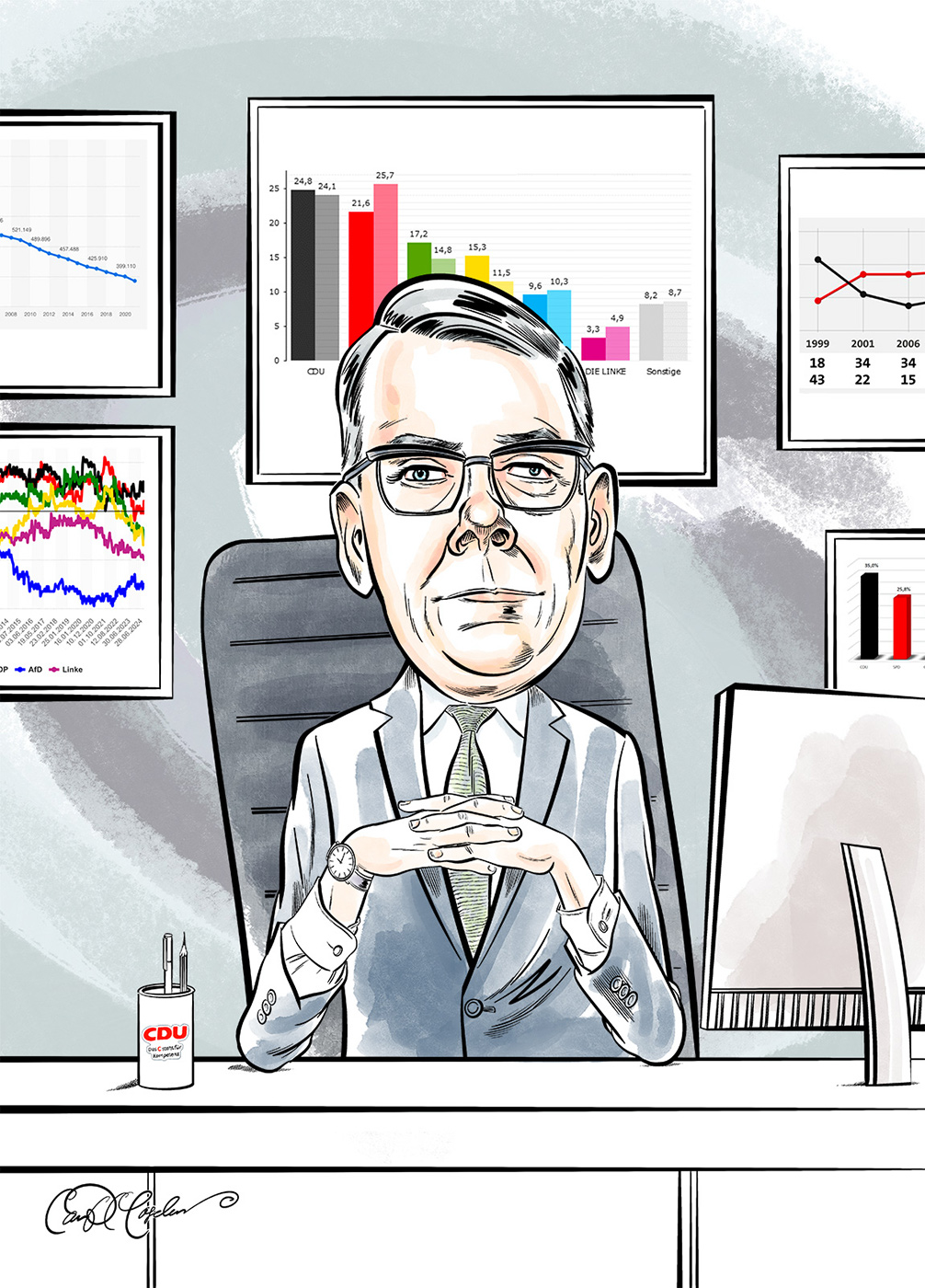 Bored bureaucrat with charts at office desk – cartoon by Ian David Marsden.