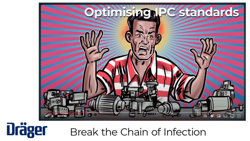 Cartoon mechanic with greasy hands shifts into hospital staff using Dräger sterilization gear.
