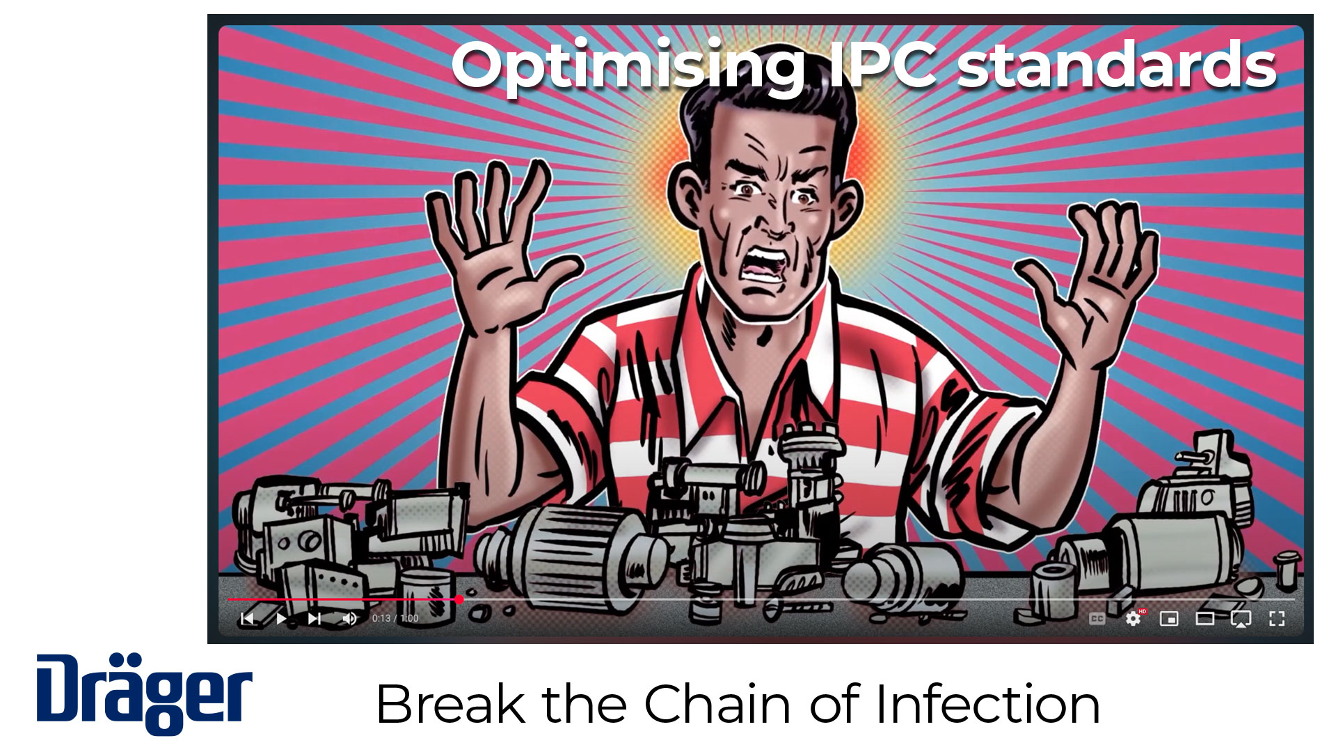 Cartoon mechanic with greasy hands shifts into hospital staff using Dräger sterilization gear.