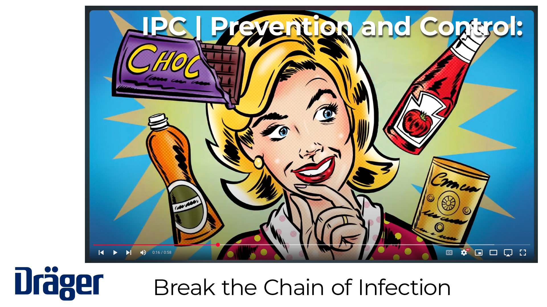 Cartoon video still of 1950s housewife turning messy kitchen into hospital-grade clean space using Dräger products.