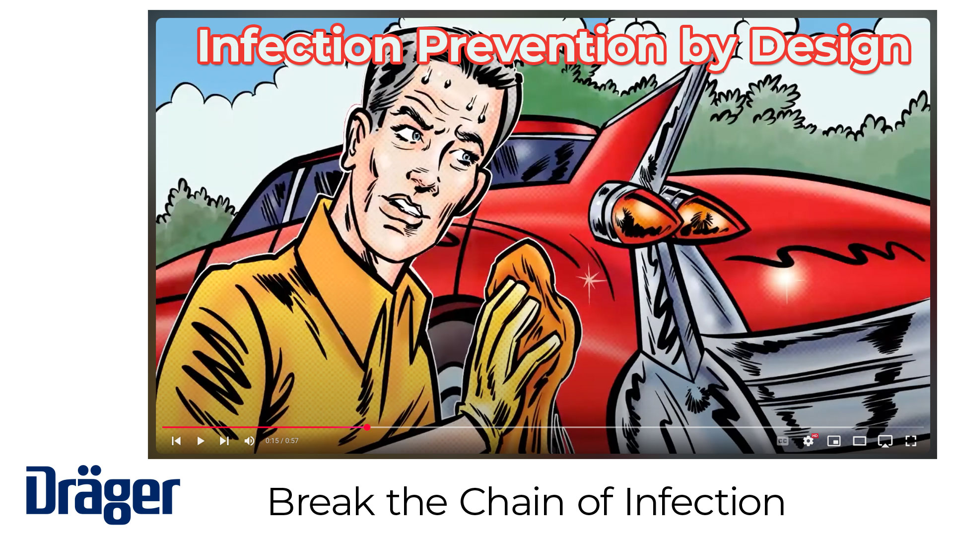 Man in animation polishes pink car, transitioning to hospital sterilization message with Dräger equipment.
