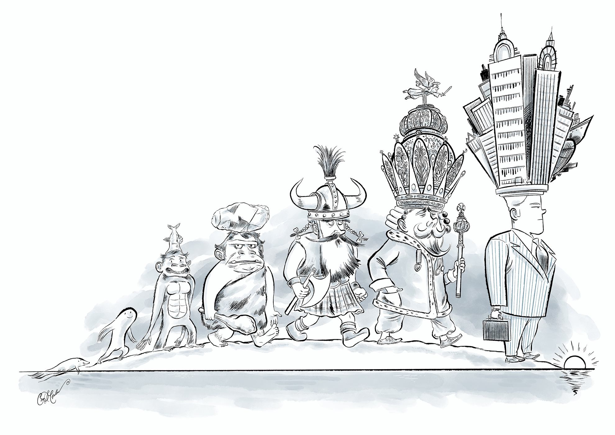 Humorous black-and-white drawing of evolutionary stages with modern satire