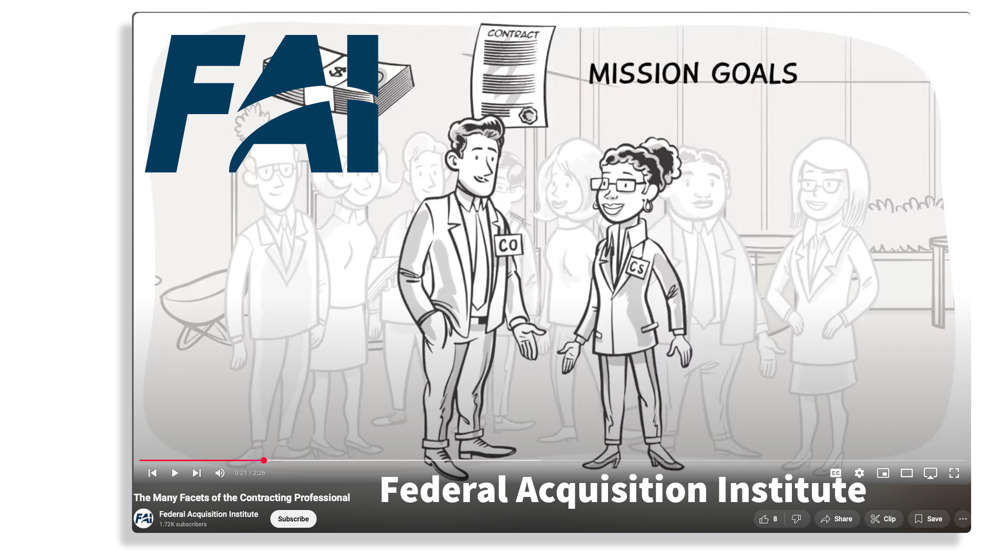 Explainer video scene showing Contracting Professional in U.S. government acquisition role, with illustrated training visuals.