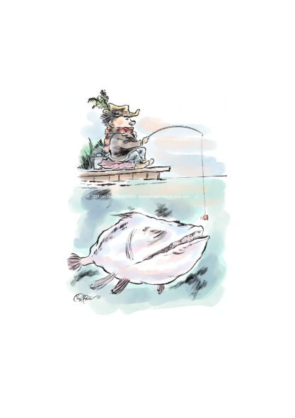 Watercolor sketch of a man fishing calmly on a lake while an enormous fish rises beneath the surface.