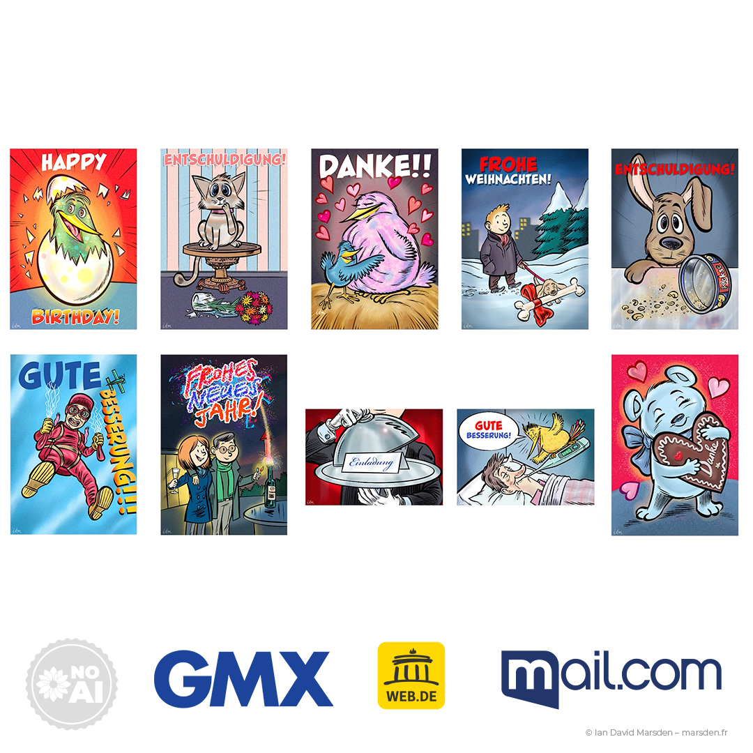 Thumbnail grid of 10 animated eCard designs for GMX, WEB.DE, and mail.com showing a range of custom seasonal animations