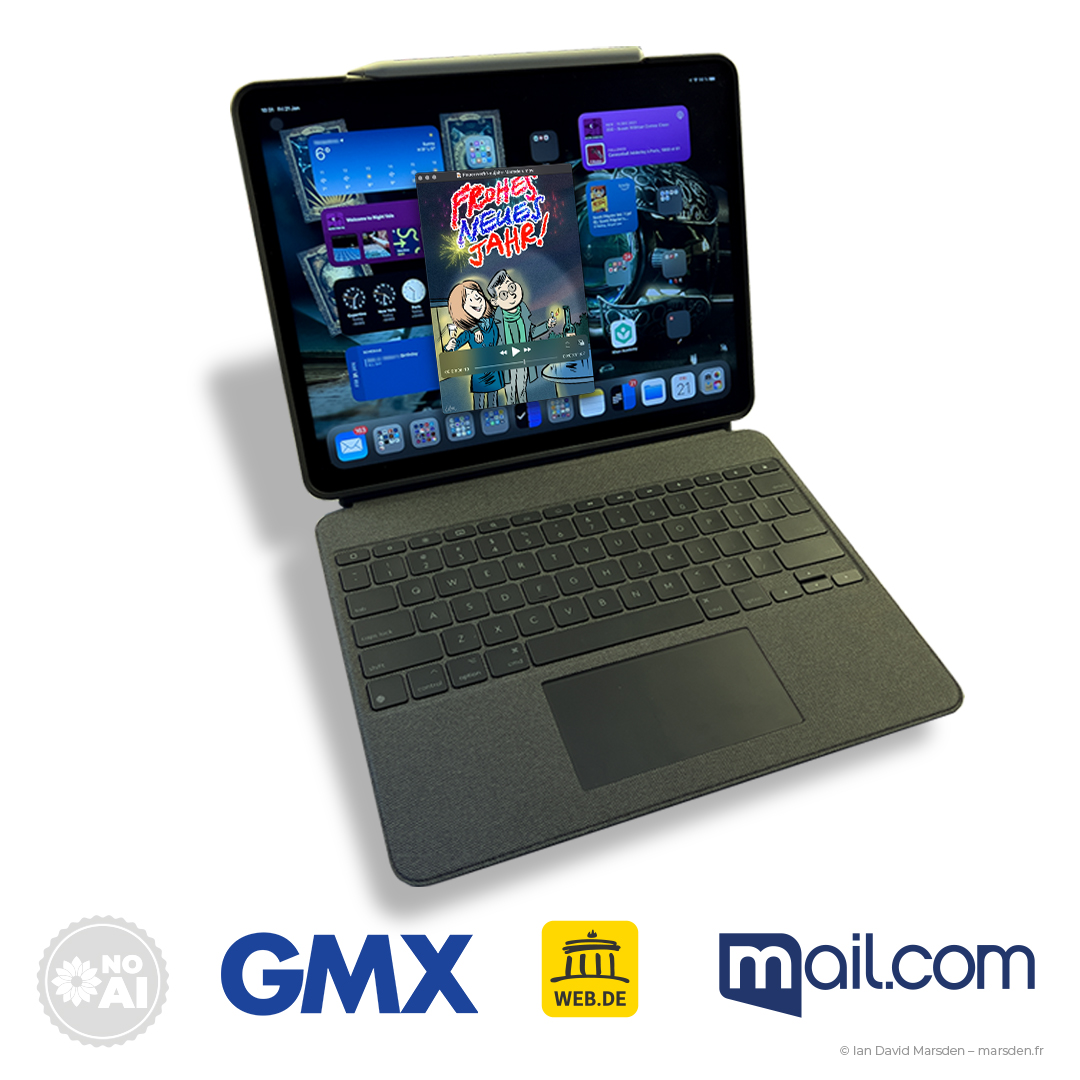 Animated New Year greeting eCard on iPad for GMX, WEB.DE, and mail.com featuring custom character illustration