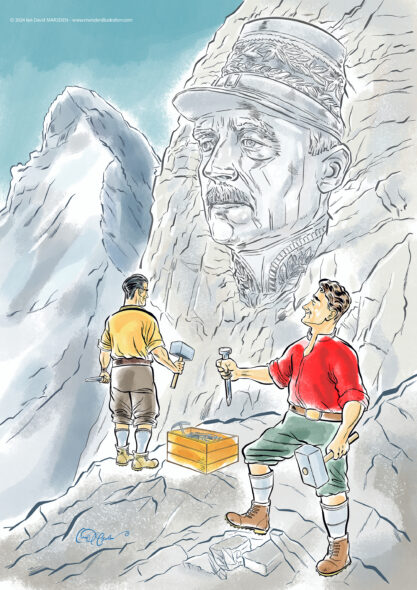 Colored cartoon of General Guisan carved into a Swiss mountain while two modern hikers admire the scene below.