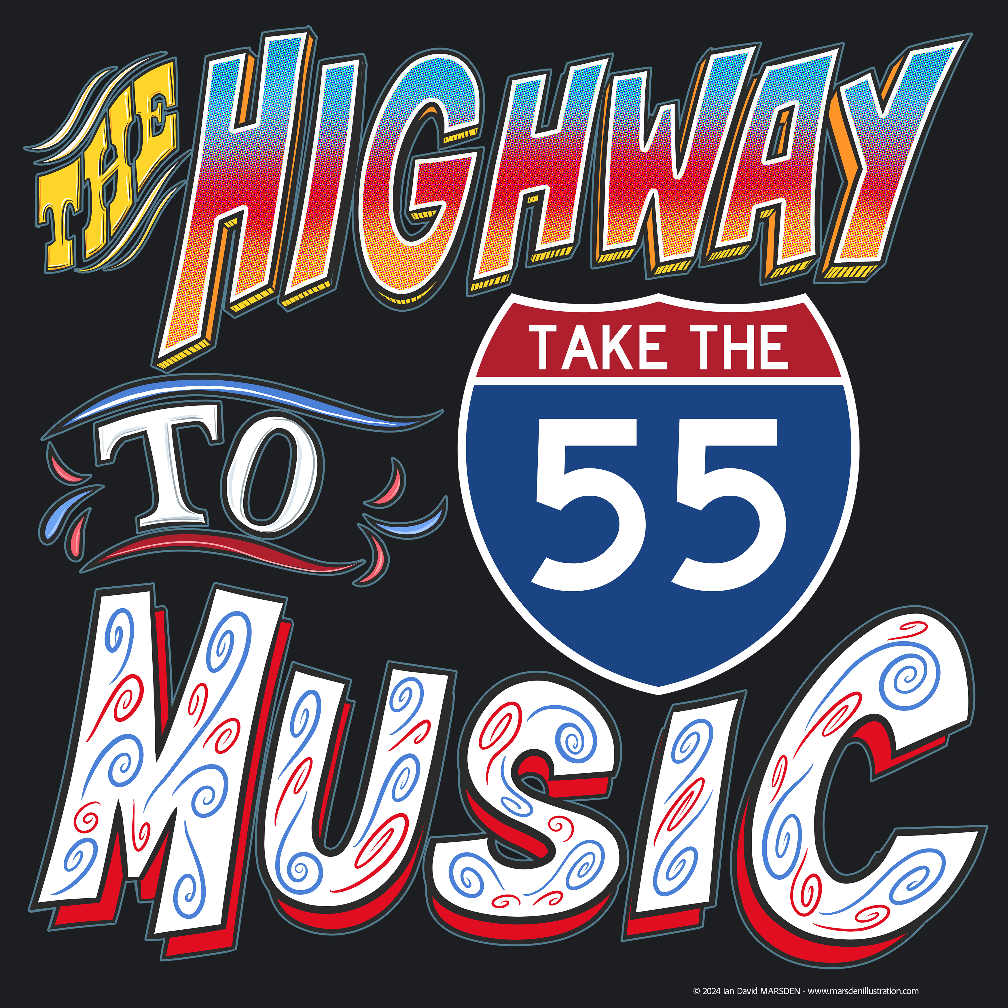 Retro hand-lettered music band album cover and T-shirt design with highway sign motif.