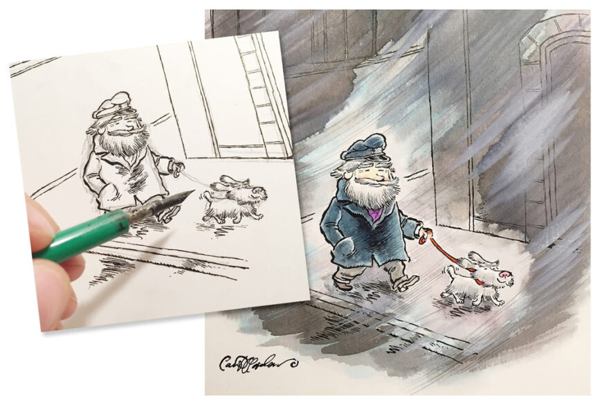 Close-up drawing of a bearded sailor and cheerful dog walking side by side through city rain.