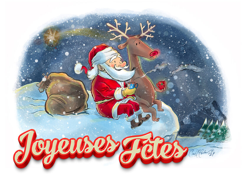 Santa Claus has a warm cup of coffee with a reindeer in a snowy, festive night scene.