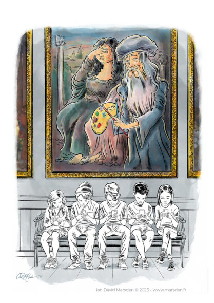 Classical museum painting with modern visitors looking at phones