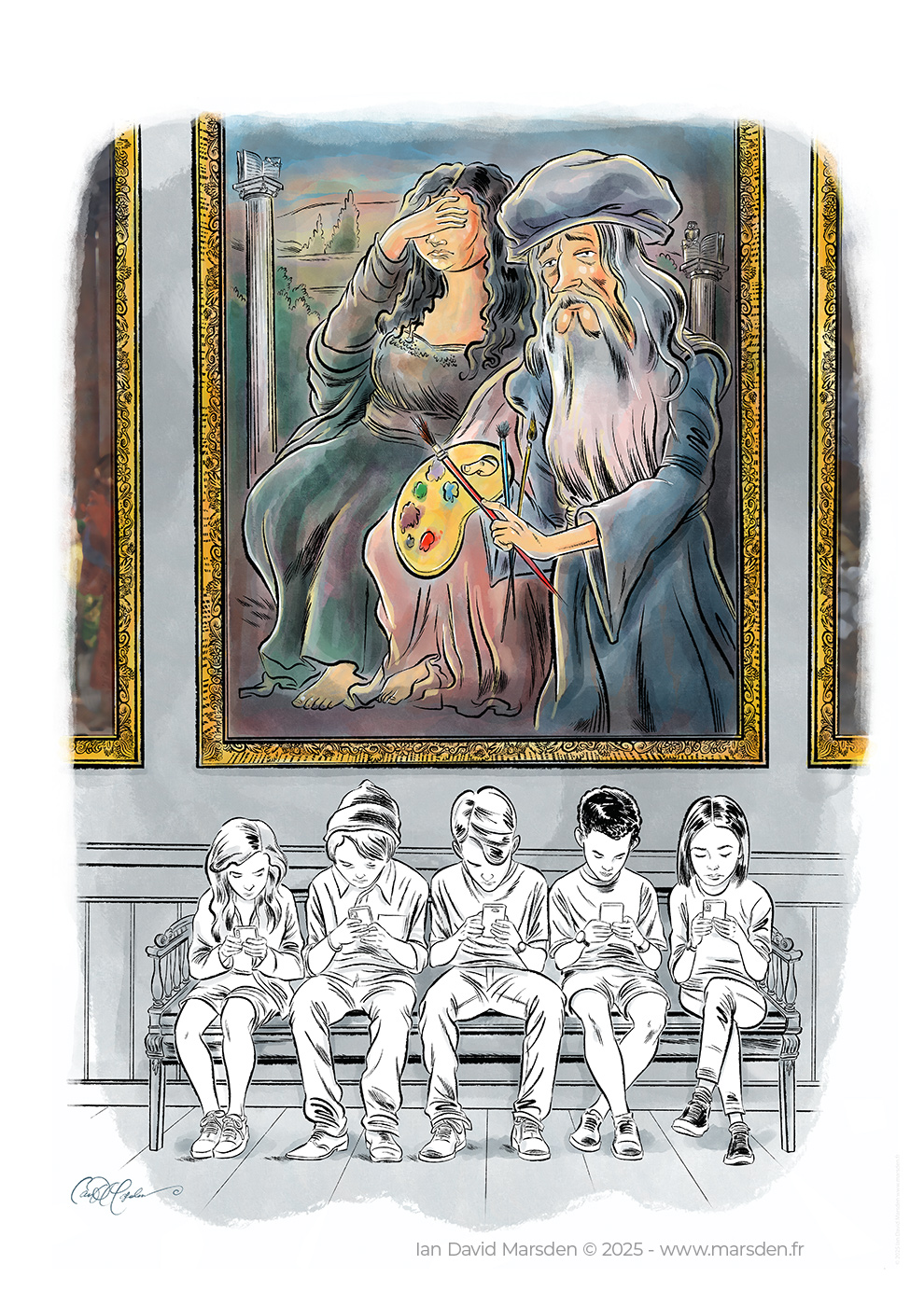 Classical museum painting with modern visitors looking at phones