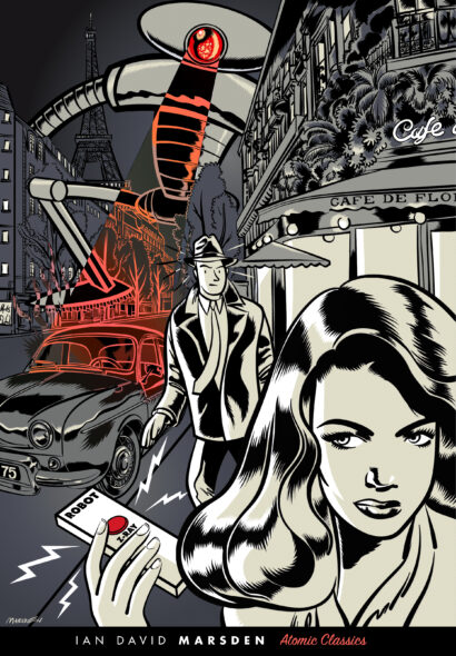 Noir comic collage of Paris street scene with giant woman's face, detective figure, vintage car, and red neon highlights.