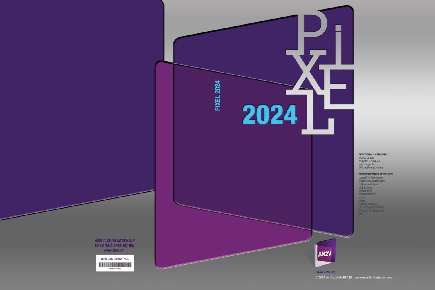 Couverture éditoriale PIXEL 2024 pour l’AN2V – design élégant de magazine dédié à la vidéoprotection, avec branding 3D et typographie affirmée.