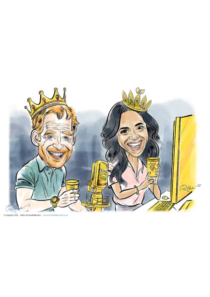 Color caricature of a royal couple podcasting with crowns on, golden mics, and amused expressions.